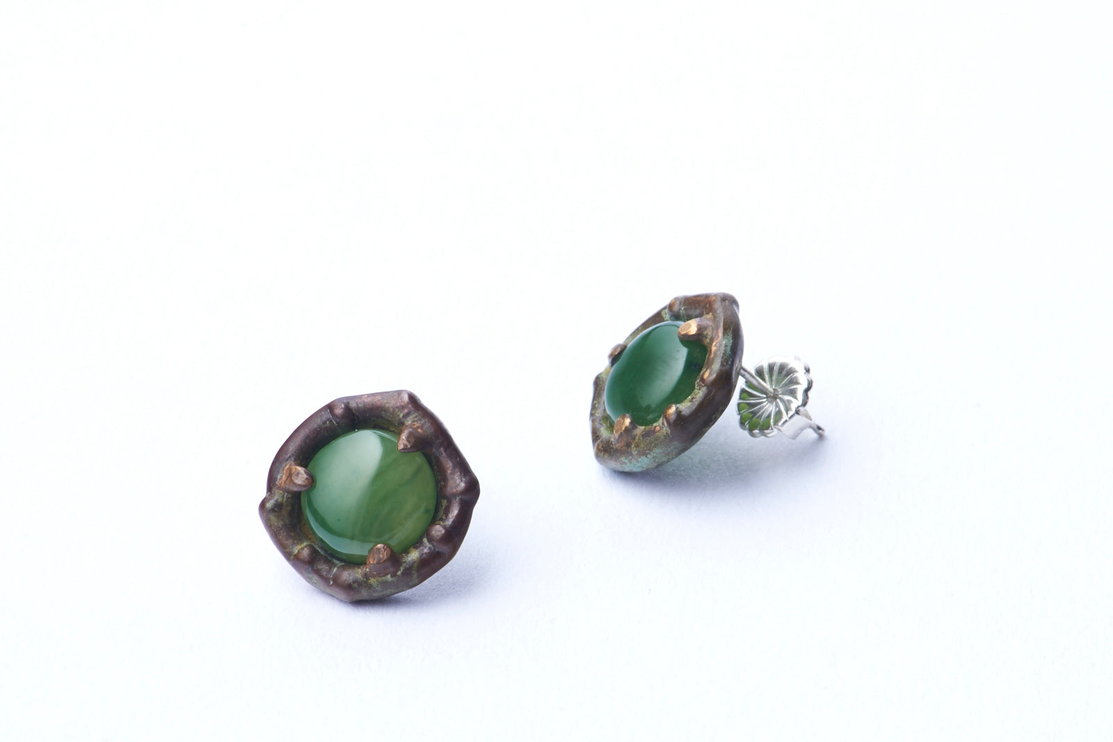 Edamame Retro Earrings in Rose Quartz and Green Jade